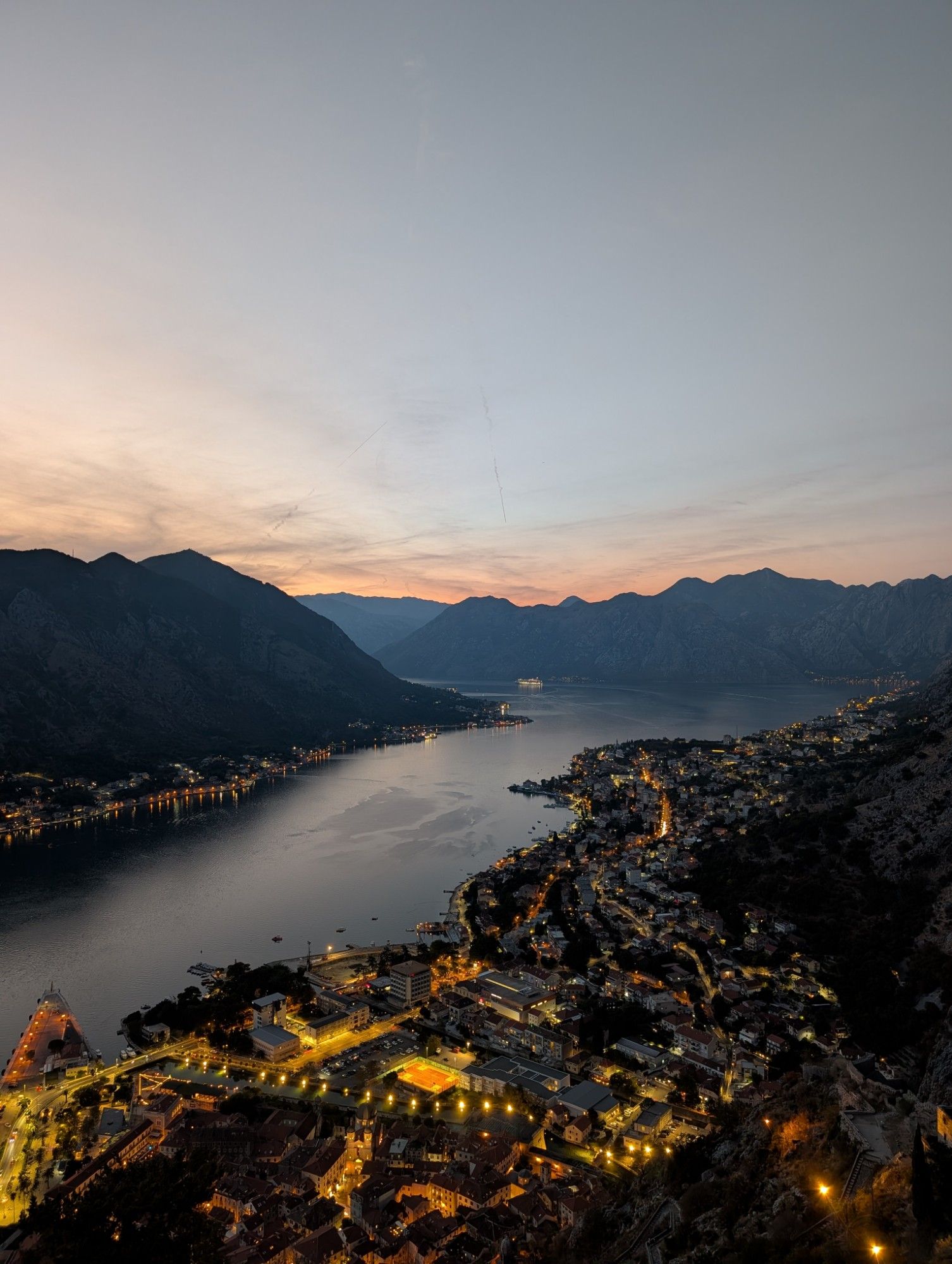 Bay of Kotor at dusk, seen from the hills above the old town